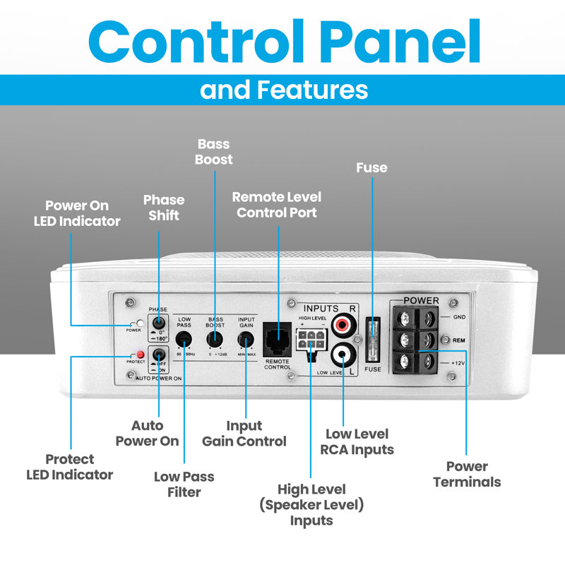Système de caisson de basses amplifié à profil bas de 8 pouces Pyle - Caisson de basse sous-marin marin actif compact de 600 watts avec amplificateur intégré, caisson de basse de voiture électrique avec entrées basse et haute PLMRSBA8, argent