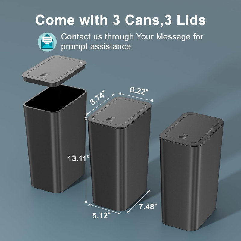 Black Slim Plastic Trash Can with Lid, 10 Liter, 3 Pack