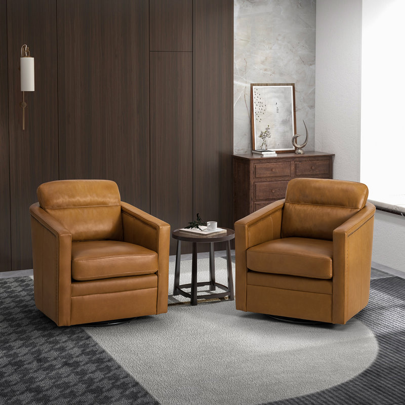 Marion 28.74'' Wide Genuine Leather Swivel Chair (Set of 2), Navy Genuine Leather