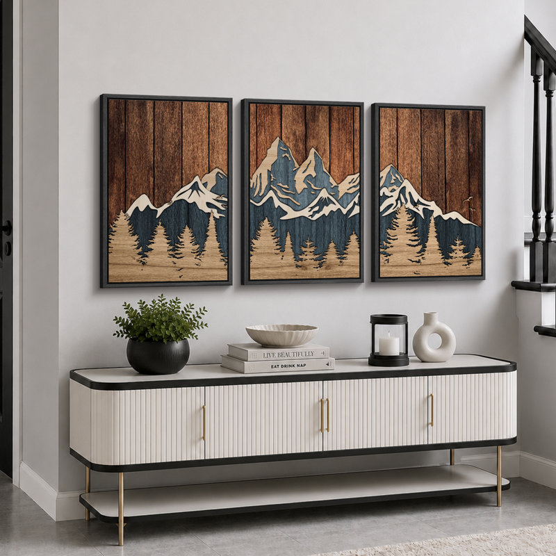 «Western Wood Effect Landscape», œuvre d'art de la forêt de montagne abstraite brune, images murales de cabane de ferme rustique, ensemble de 3 impressions sur toile encadrées
