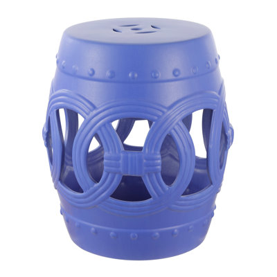 Lucky Coins 16" Contemporary Matte Blue Ceramic Cutout Interlocking Rings Drum Garden Stool, Indoor & Outdoor Accent Side Table, Seat & Plant Stand