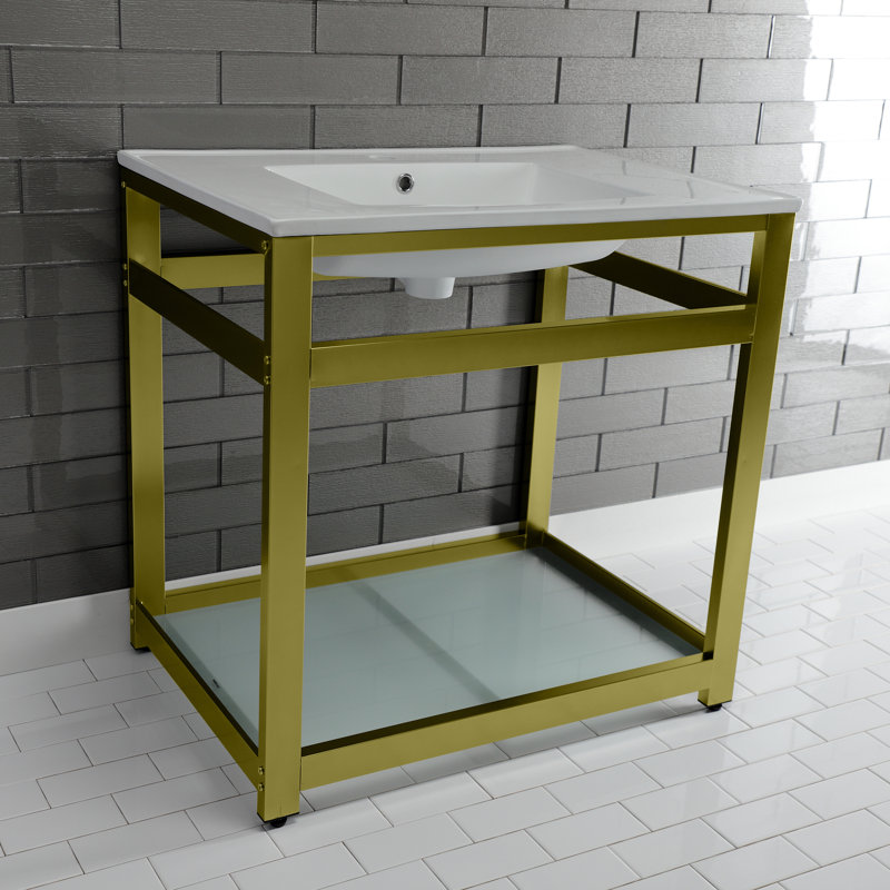 Kingston Brass Quadras 31-Inch Ceramic Console Sink with Steel Base and Glass Shelf, Single, White/Brushed Brass