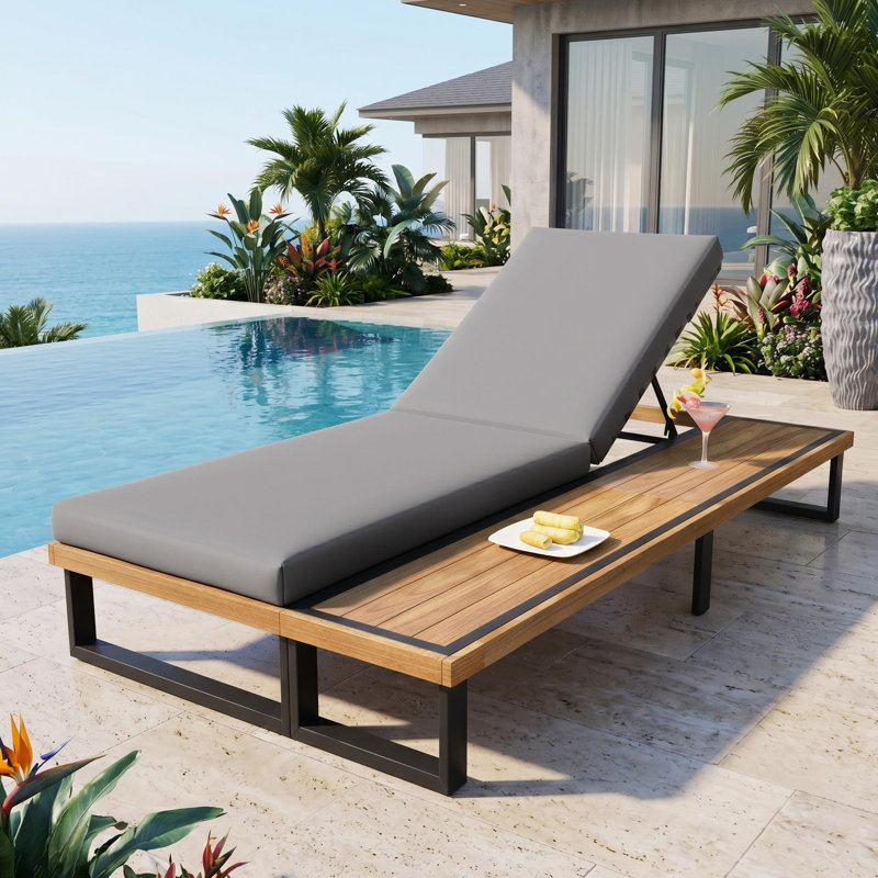 5 Position Adjustable Chaise Lounge Chair with Acacia Wood Side Table, Gray