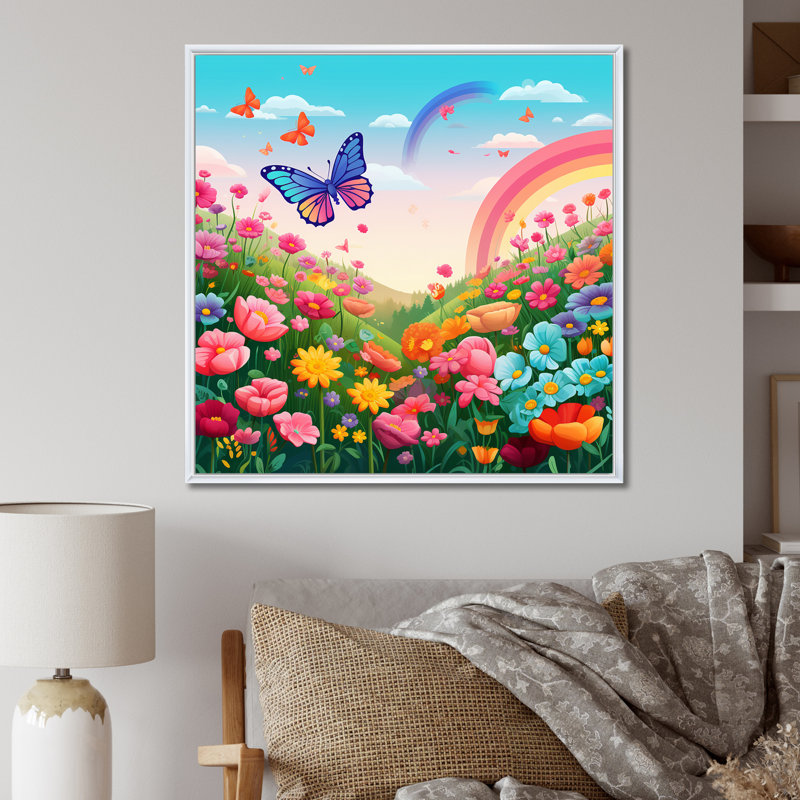 Mauve Butterfles, champ de fleurs arc-en-ciel idyllique I, H 24 po x l 24 po x P 1 po, Cadre flottant blanc