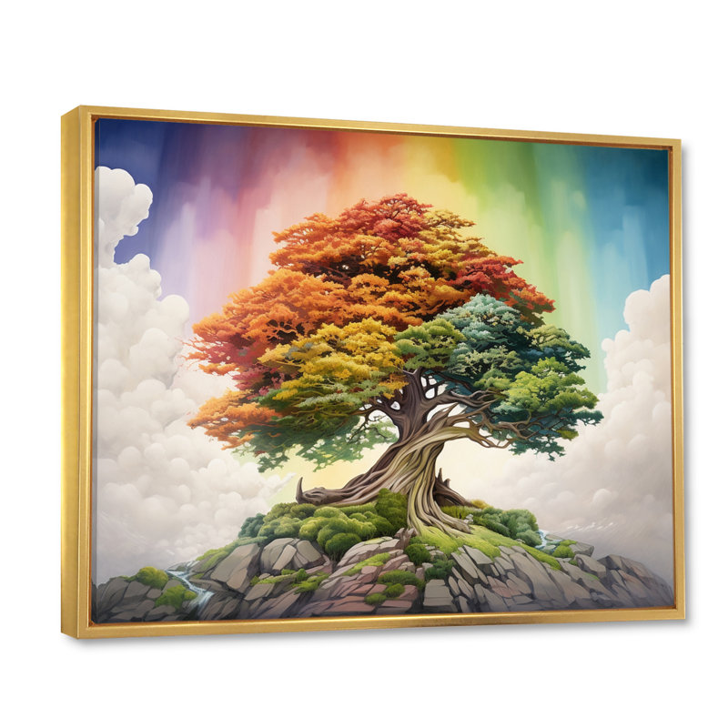 Mythique arbre majestueux avec arc-en-ciel I sur toile, H 24 po x l 32 po, Cadre flottant doré