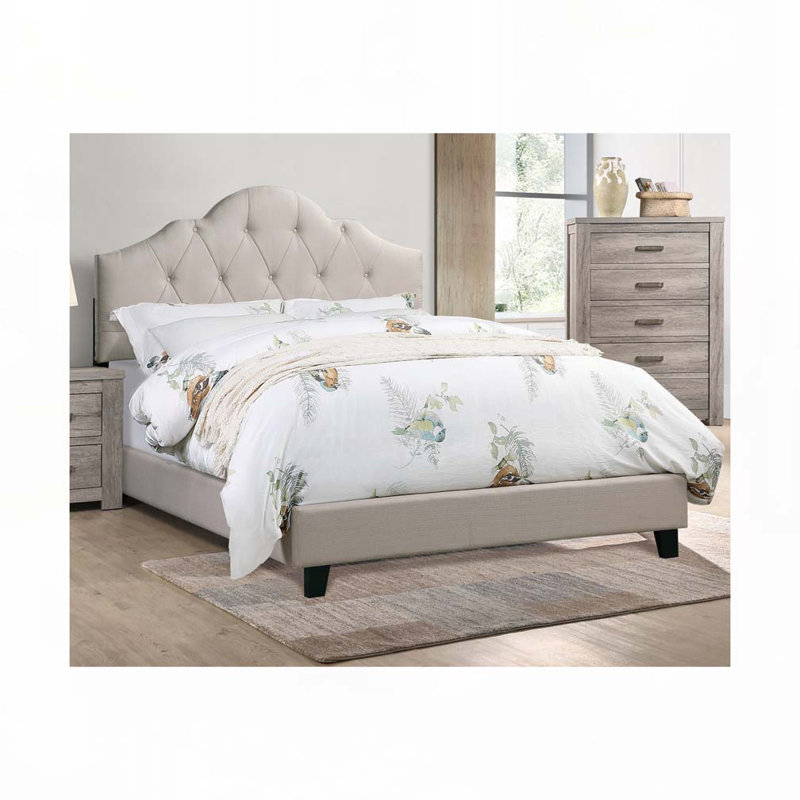 Lit tapissier contemporain en lin avec tête de lit réglable, Grand, Light Brown