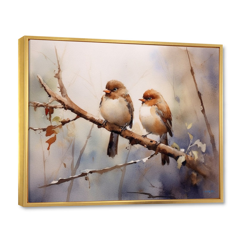 Oiseau moineau beige et brun I - art mural oiseau pour le salon, 30" H x 40" W, Cadre flottant doré
