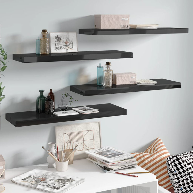 Wall Shelf  Wall Mounted Display Shelf for Photo Frame Set of 4, High Gloss Black, 1.5" H x 9.1" W x 9.3" D