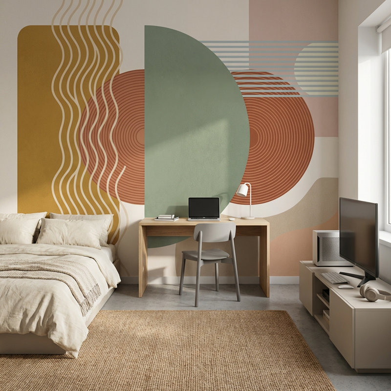 Murale géométrique moderne de style vert pâle, 160 po x 108 po, Peler et coller