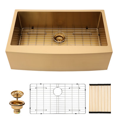 Évier en acier inoxydable de 30 po en or, technique Nano, drain facile, environnement de cuisson silencieux, évier de cuisine doré, 16 G, coin R10, entretien, grille de vaisselle incluse