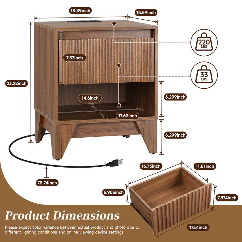 Table de chevet 1 tiroir avec station de charge Dejesus, Noyer clair