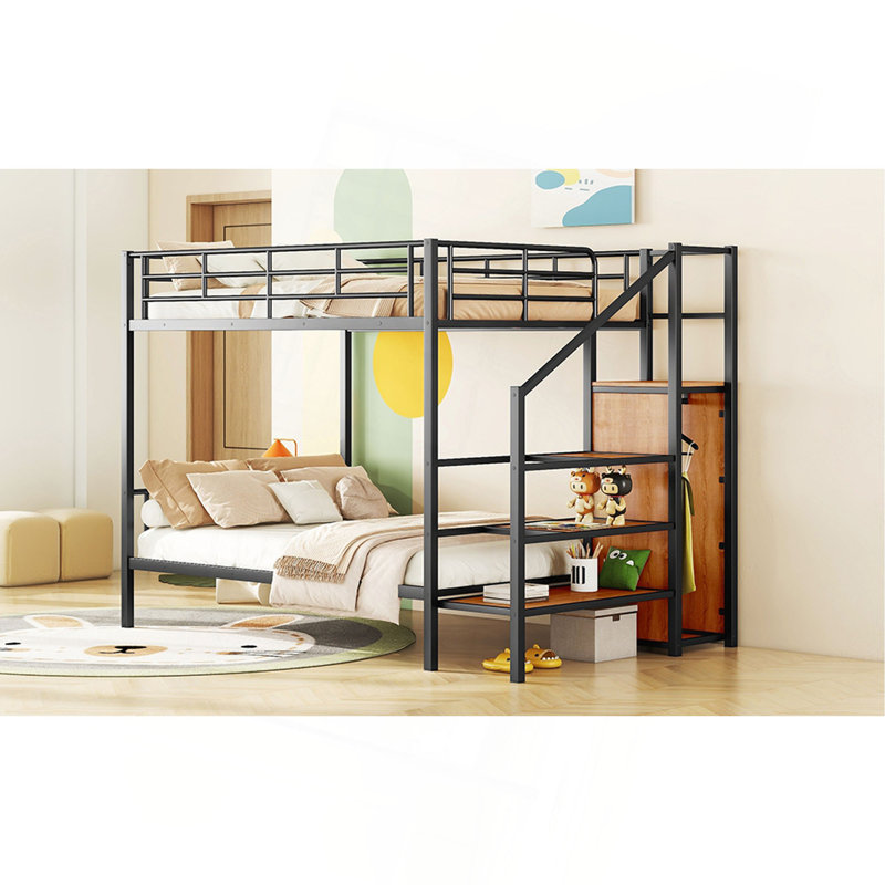 Lit superposé double en métal avec échelle de rangement latérale et garde-robe, noir, Noir