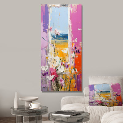Rose et jaune, fenêtres florales, vue brise I - prairie, art mural