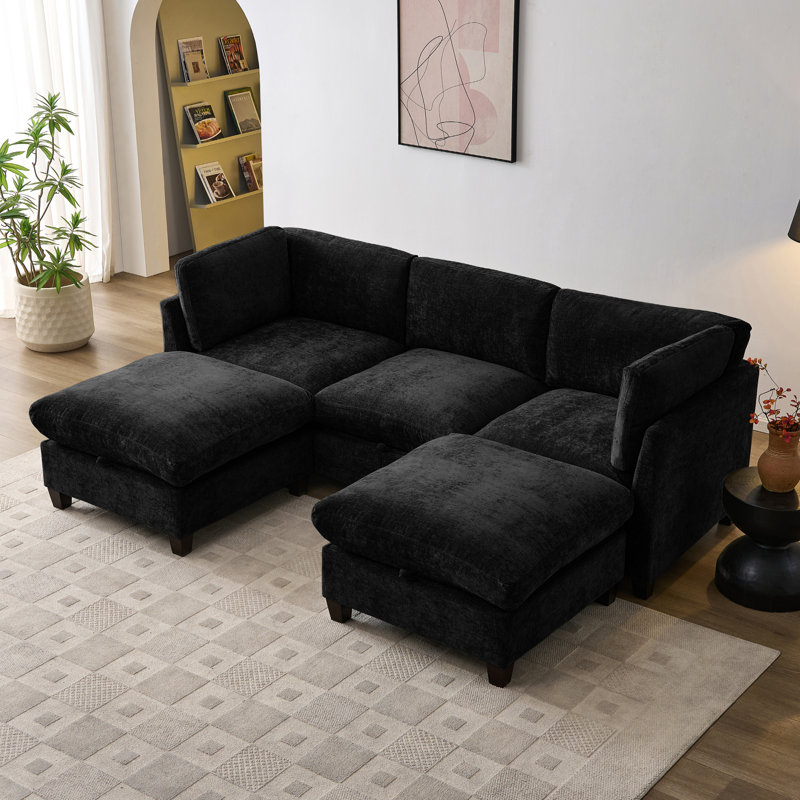 Canapé modulaire spacieux en U avec rangement en chenille pour salon moderne