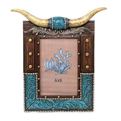 Resin Picture Frame Southwestern Tooled Leather Horns Rustic Western Cabin Decor 4x6 Inch