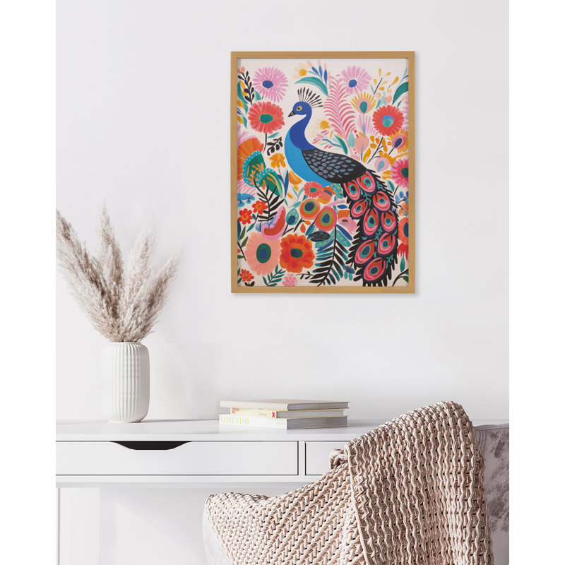 Art moderne paon vibrant moderne, Cadre doré, H 12,65 po x l 16,65 po
