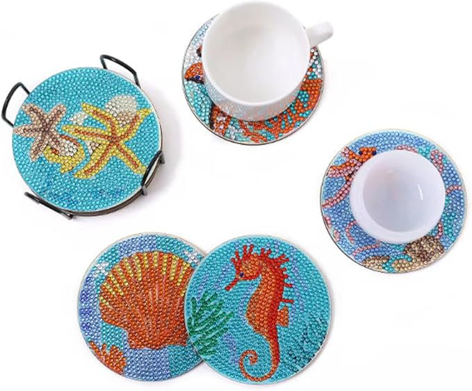 Acrylic Agate Ceramic Jute Leather Crystal Circle Round 8 Piece Coaster Set with Holder Set