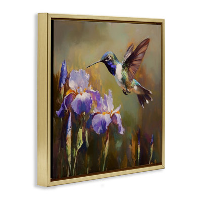 Cadre flottant colibri et iris mauves, design par Tina LeCour