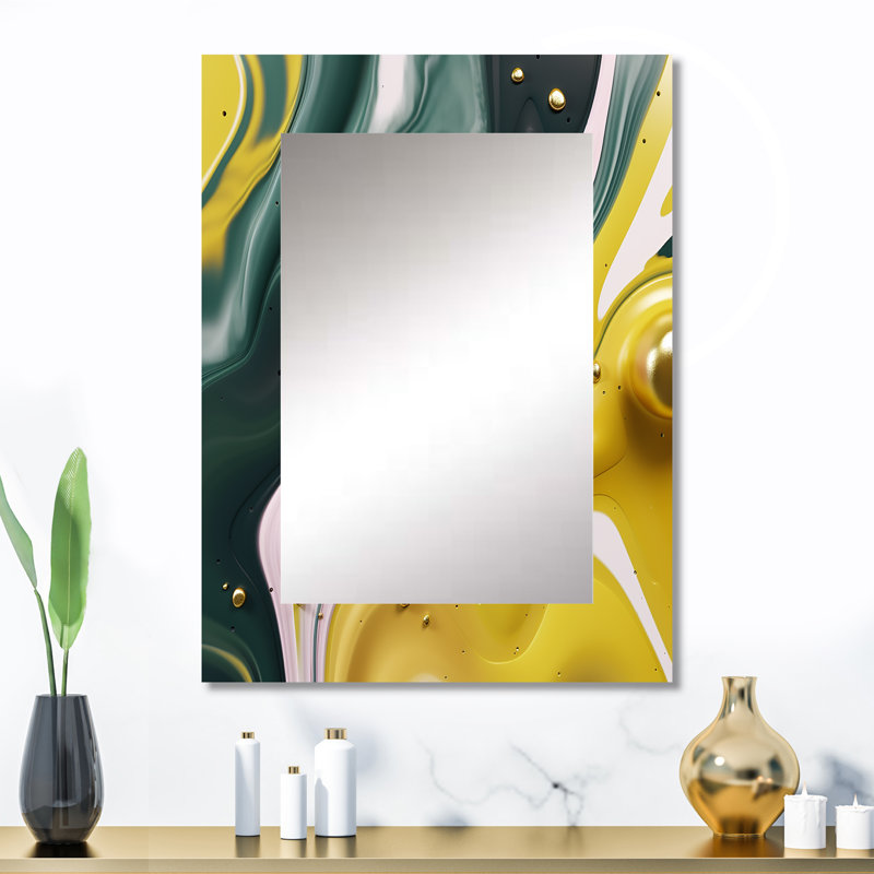 Yellow And Green Fluid Stone II - Marble Decorative Mirror, Modern Wall Mirror, Printed Metal Art, 32" x 24"