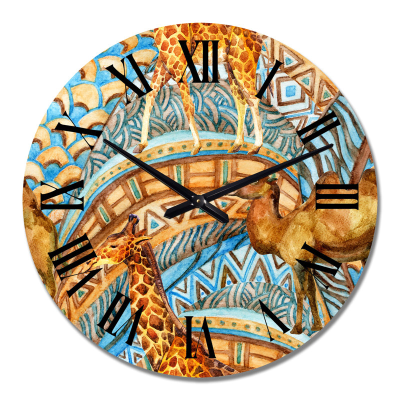Girafe et caméléon sur une géométrie africaine - Horloge murale à motifs, Moyen