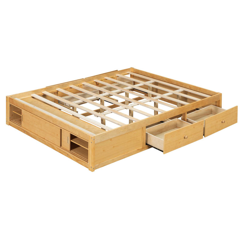 Structure de lit plateforme grand format avec 4 tiroirs de rangement et un casier de rangement au pied de lit, sans tête de lit, design moderne et peu encombrant - naturel