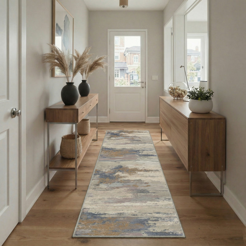 Nimbus Abstract Landscape Machine Washable Taupe Indoor Area Rug With Non-Slip Backing, Runner 2' x 6'