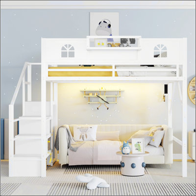 Lit mezzanine pleine grandeur en métal avec escalier et garde-corps élevés, garde-robe intégrée pour enfants et adolescents