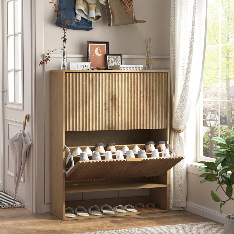 20 Pair Shoe Storage Cabinet, Natural Wood