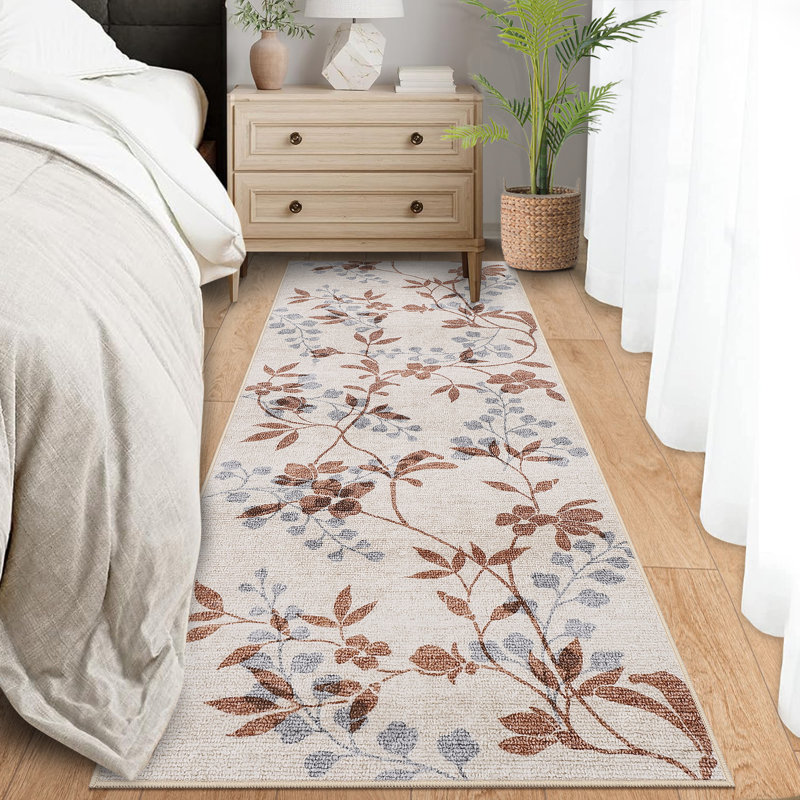 Floral Machine Washable Rug with Non-Slip Backing, Stain-Resistant Soft Low Pile Floor Mats, Foldable Farmhouse Indoor Carpet for Bedroom, Nursery