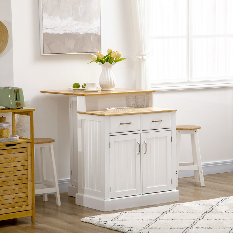 White and Light Brown Rubber Wood Kitchen Island with Storage Cabinet
