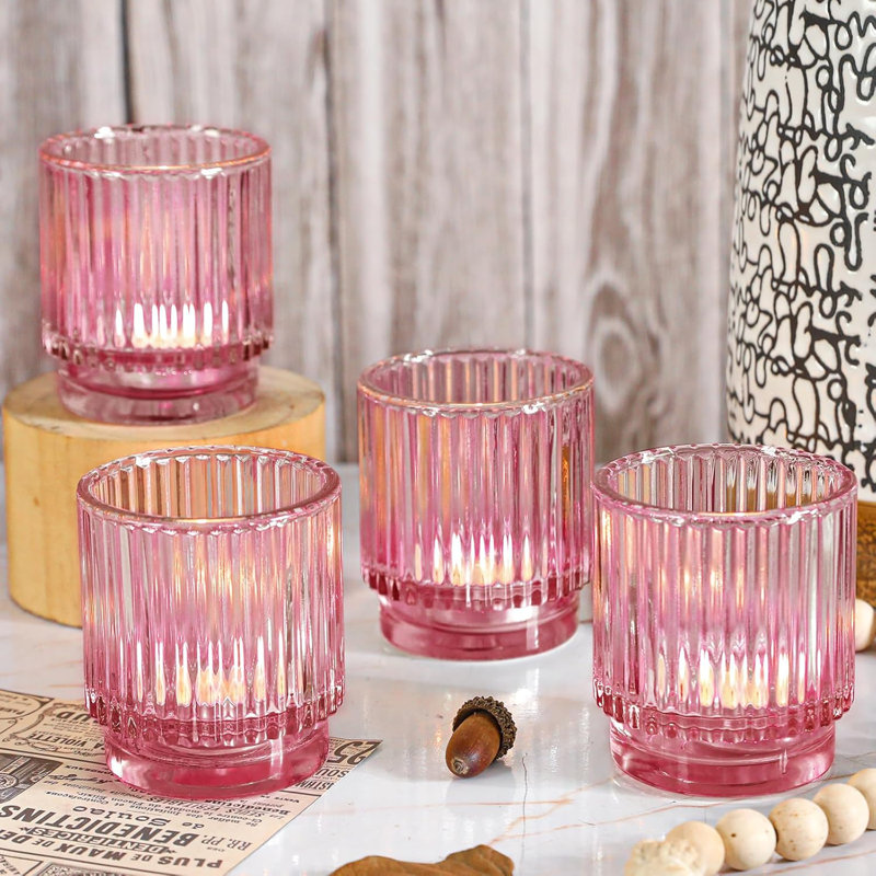 Set Of 12 Vintage Pink Ribbed Glass Candle Holders