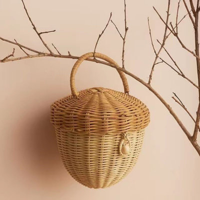 Creative Woven Bags Acorn-Shaped Rattan Durable Storage Basket With Lid Organizer Strong Not Easy To Break Hanging Storage Basket Newborn Photo Props Accessories