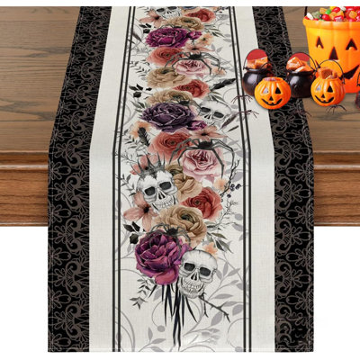 Halloween Table Runner Skull Rose Print Tablecloth Waterproof Table Decor Gothic Unfading Heat Resistant Halloween Decoration for Dining Table TV Stand 13x72inch