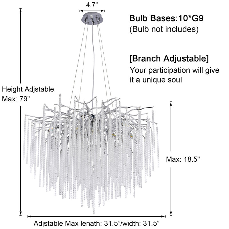 Icicle Modern Crystal Tree Branch Chandelier, Gold, D24", Silver, 18.5" H x 31.5" W x 31.5" D