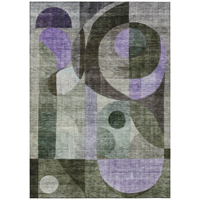 3' X 5' Olive Green Purple And Gray Geometric Washable Indoor Outdoor Area Rug