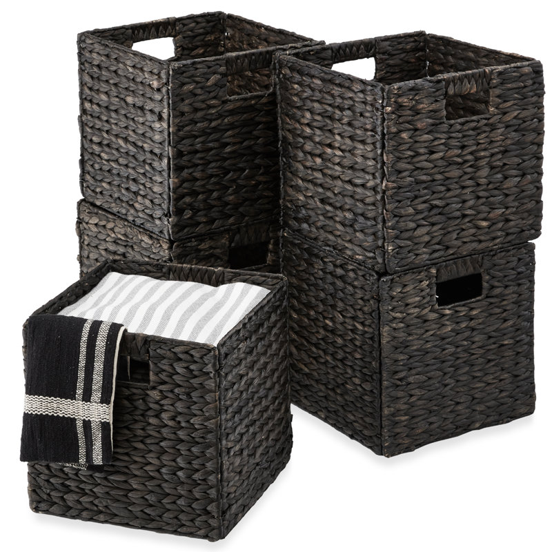 Black Handwoven Hyacinth Foldable Storage Baskets, Set of 5
