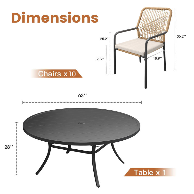 10-Person Patio Dining Set with 63" Round Dining Table and Cushioned Stackable Rattan Chairs, Black