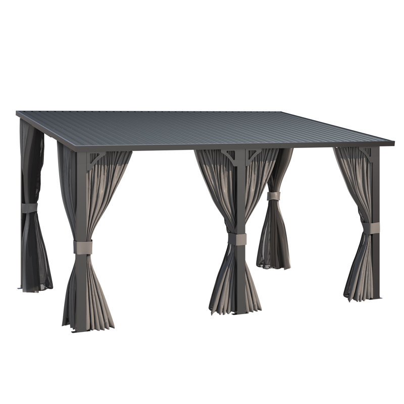 Outdoor Hardtop Metal Gazebo For Patio With Curtains And Mosquito Netting, 98.4" H x 168" W x 120" D, Gray/Beige