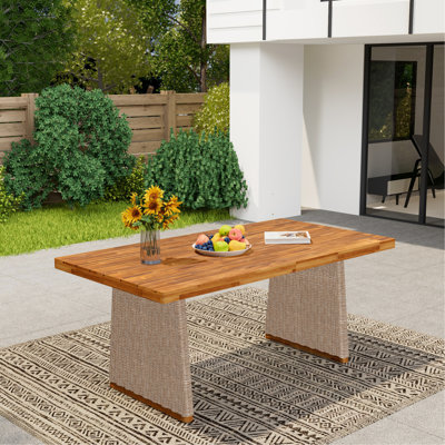 Table d'extérieur en bois avec finition, plateau brun et à lattes pour la gestion de l'eau en bois, support sonore