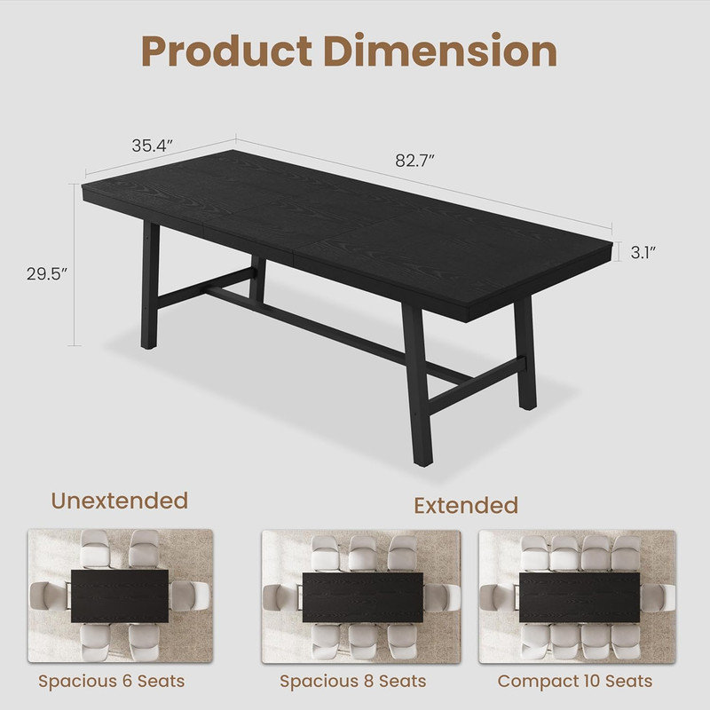 63-83" Extendable Industrial Dining Table for 6-8 People, Black Metal Frame, Rustic Wood Grain, Heavy-Duty Kitchen Table for Dining Room, Parties