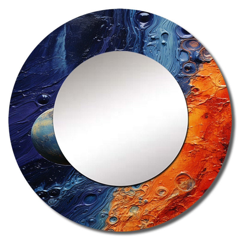 Mysterious Solar System Dream I - Our Solar System Mirror, miroir mural rond bleu unique, reproduction d'art en métal