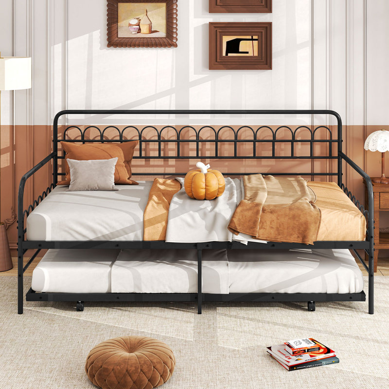 Twin Daybed With Trundle Curved Backrest & Armrests Heavy-duty Metal Slats