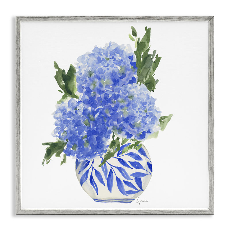 Hortensias bleus dans un vase à feuilles, estampe numérique, conception de Lucille Price, H 12 po x l 12 po