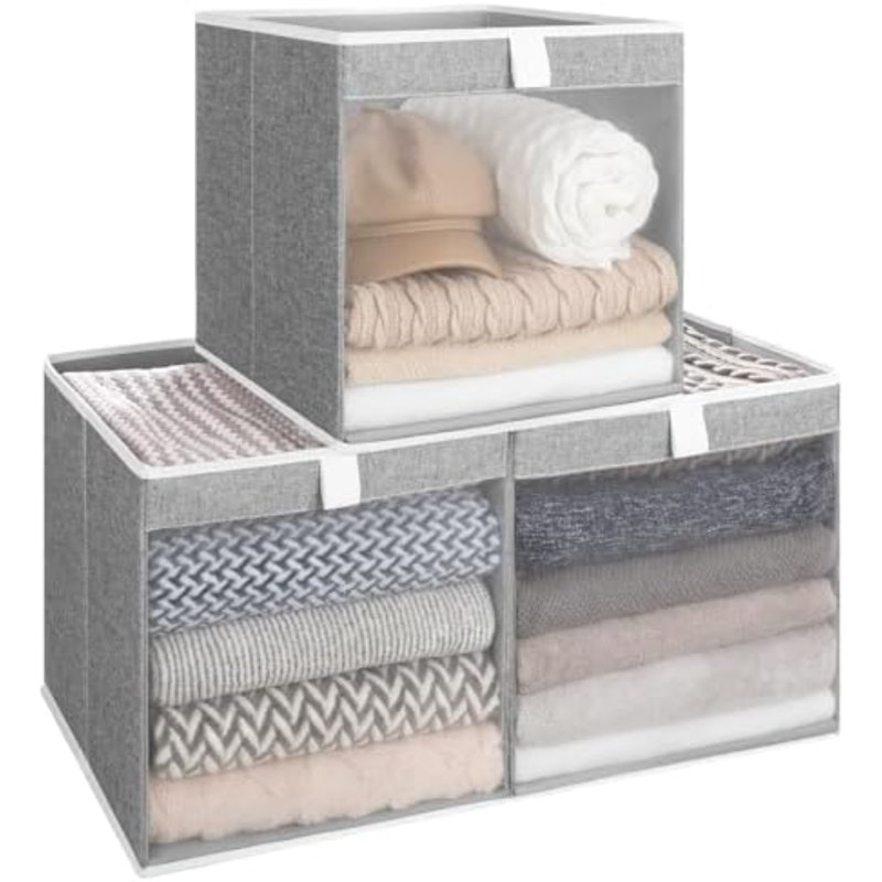 13X13 Storage Cubes, Closet Storage Bins With Clear Window, Large Fabric Organizer For Clothes, Collapsible Storage Baskets With Handles, Gray, 3-Pack