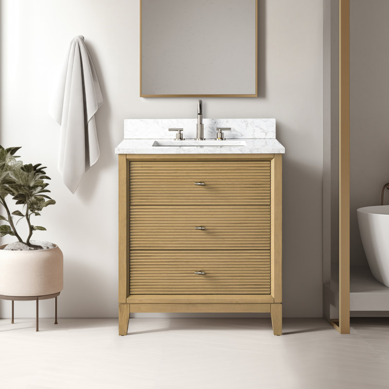 Meuble-lavabo autoportant à simple cuve 30 po avec plateau en marbre Caldwell, Arabescato blanc, Chêne naturel, Nickel brossé