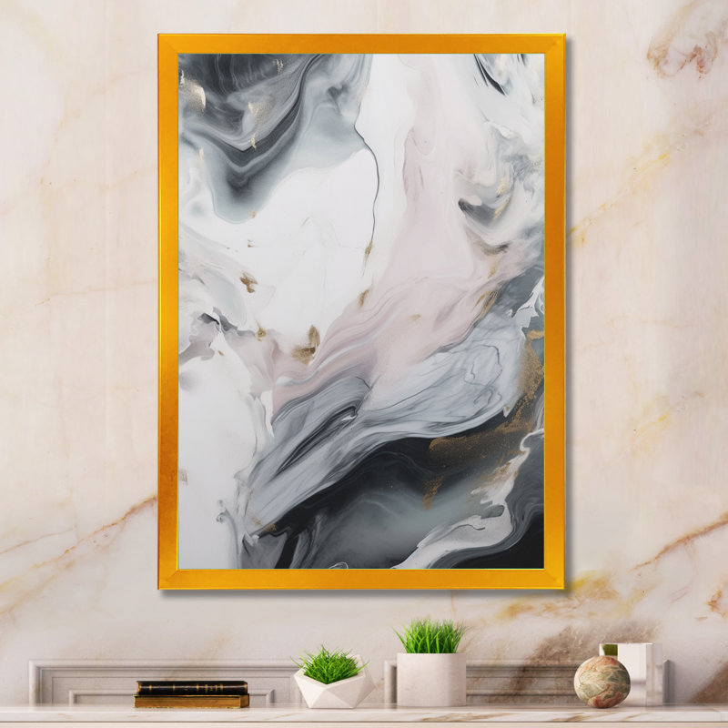 Marbre blanc et gris captivant I - reproductions d'art abstrait en marbre, H 20 po x l 12 po x P 1 po, Encadrement doré