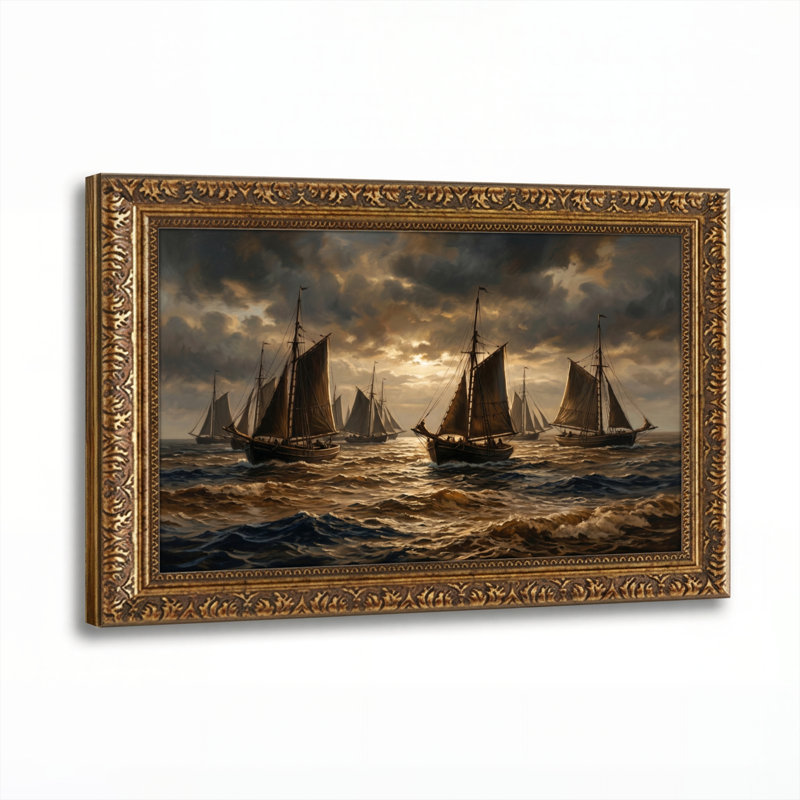 Art mural en toile noyer doré pour salon, chambre à coucher, bureau ou vestibule - décoration murale décorative avec voiliers