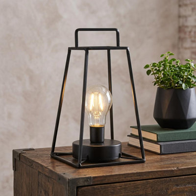 Lampe de bureau géométrique à pile 10 po en métal noir avec abat-jour fantaisie