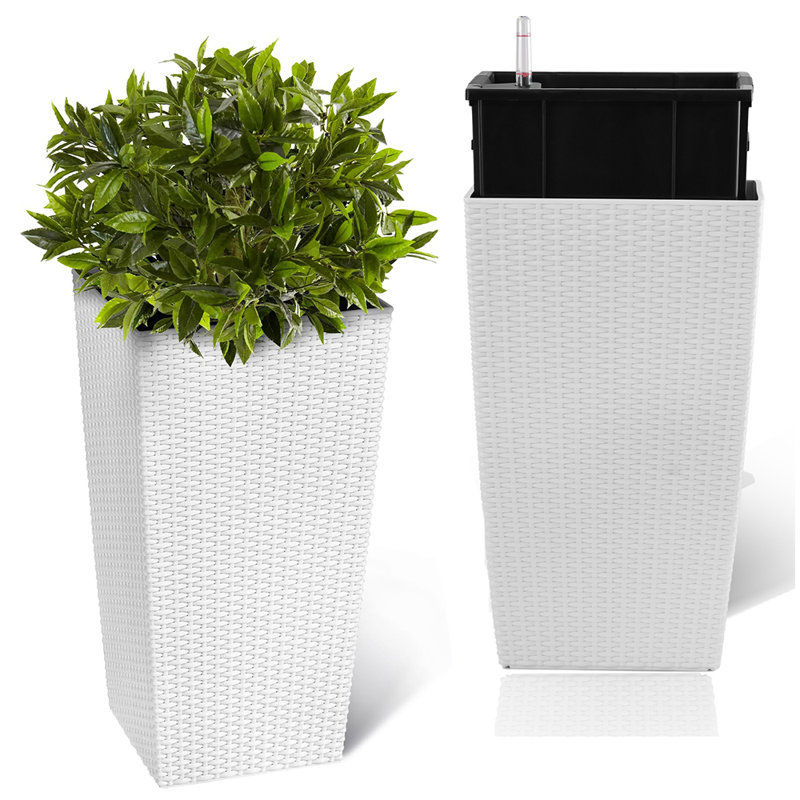 Set Of 2 Self-Watering Faux Rattan Planters, 22.6 Inch Square Plastic Planters With Automatic Watering System, Indoor/Outdoor Modern Design For Home, Garden, Patio, And Balcony