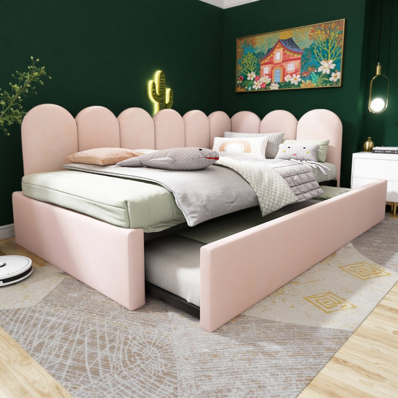 Lit de jour rembourré en velours avec couchette escamotable Cocoon, Rose